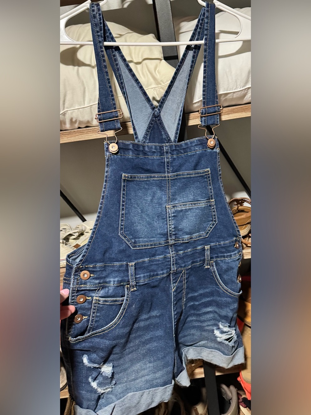 No Boundaries Distressed Blue Denim Short Overalls